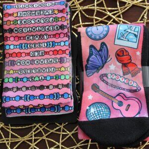 Rock 'Em Unique 2 Pair of CrewSocks Friend Ship Bead & Butterfly Cats Guitar